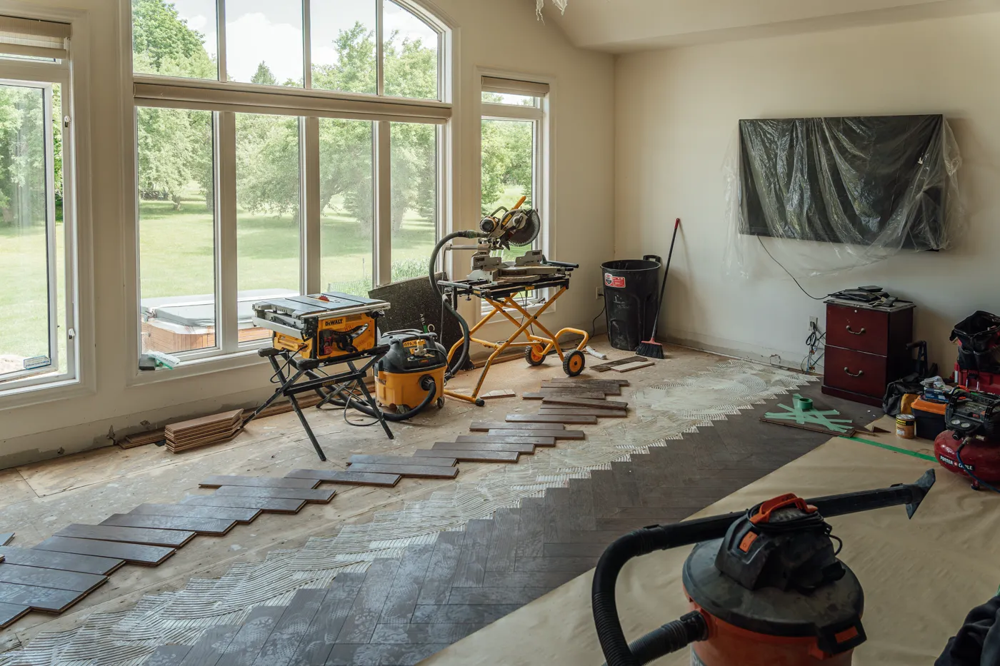 Interior with floor-to-ceiling arched windows, Campoli custom build